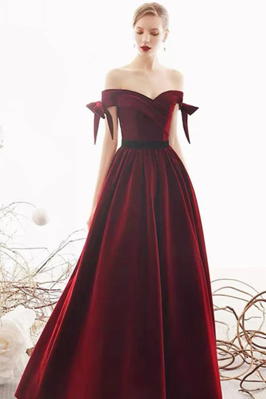Wholesale Off-the-shoulder Wine Ball gown Velvet Sweetheart A-line Prom Dress